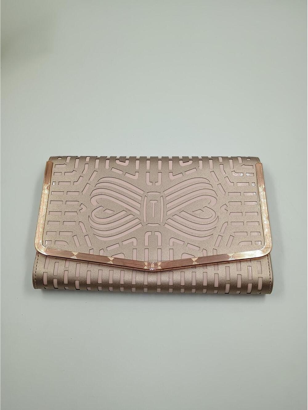 Ted Baker London Rose Gold Cutout Bow Clutch Handbag w/ Chain and Tags